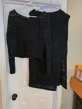 2pc Black Crochet Maxi Skirt With Split for Women